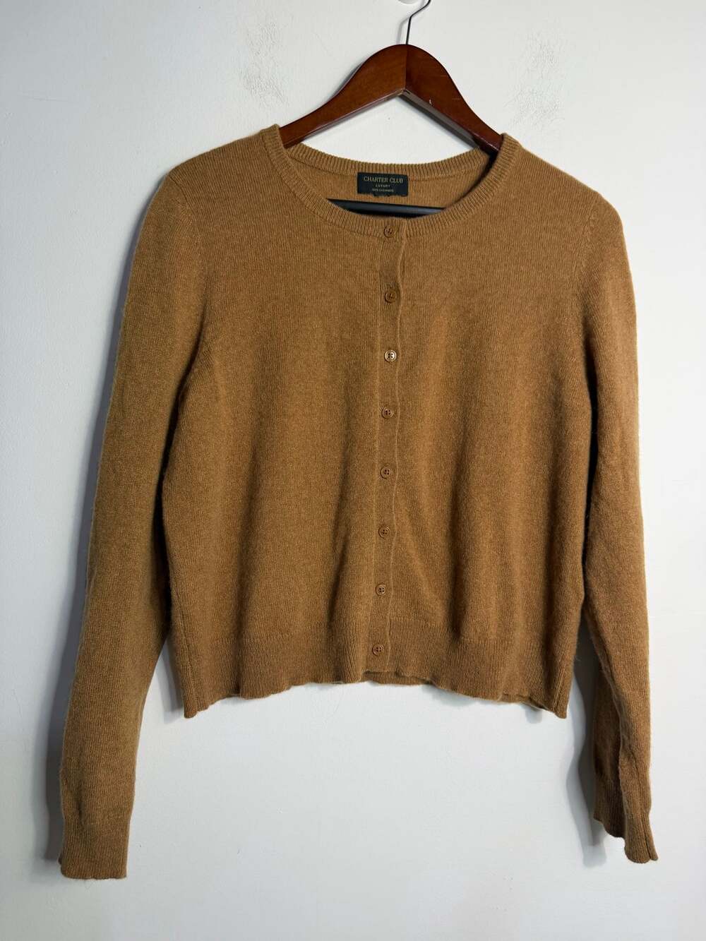 Charter Club 100% Cashmere Crewneck Cardigan in camel brown